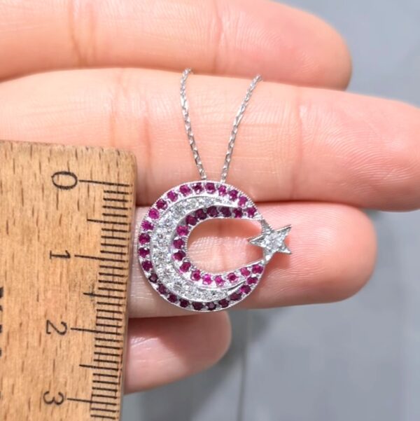 2. El 0,67 Karat Pırlanta ve Pembe Safir Ay Yıldız Kolye - Görsel 2