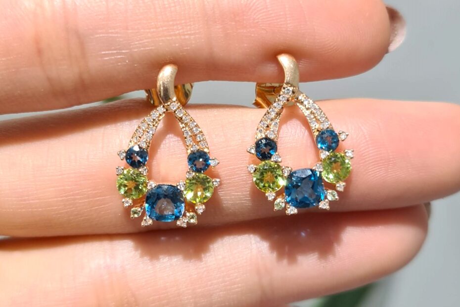 2. El 1,70 Karat Pırlanta Peridot ve Blue Topaz Tasarım Küpe X005287