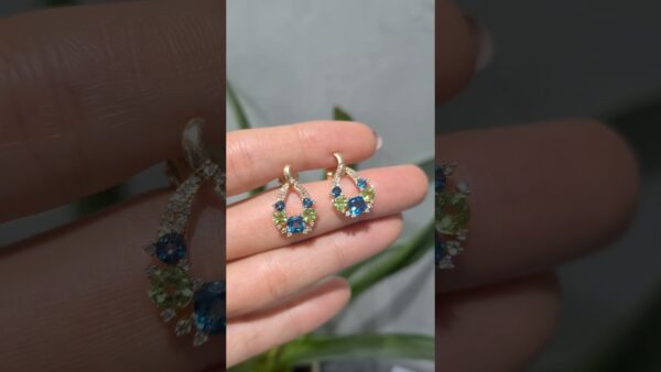 2. El 1,70 Karat Pırlanta Peridot ve Blue Topaz Tasarım Küpe ürün videosu