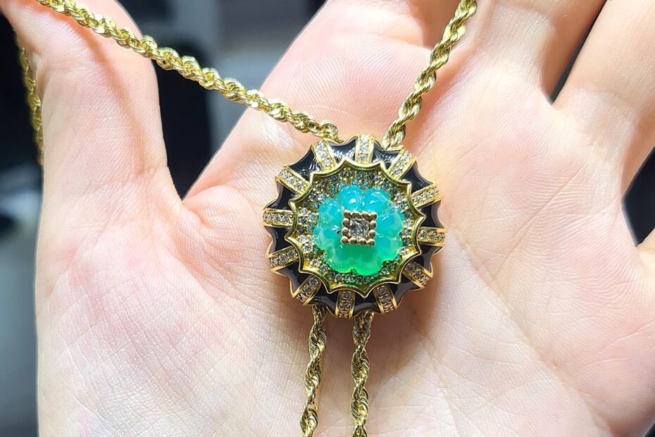 2.El Pırlanta 14,06 Karat Tasarım Yeşil Akikli Kolye RZ00018