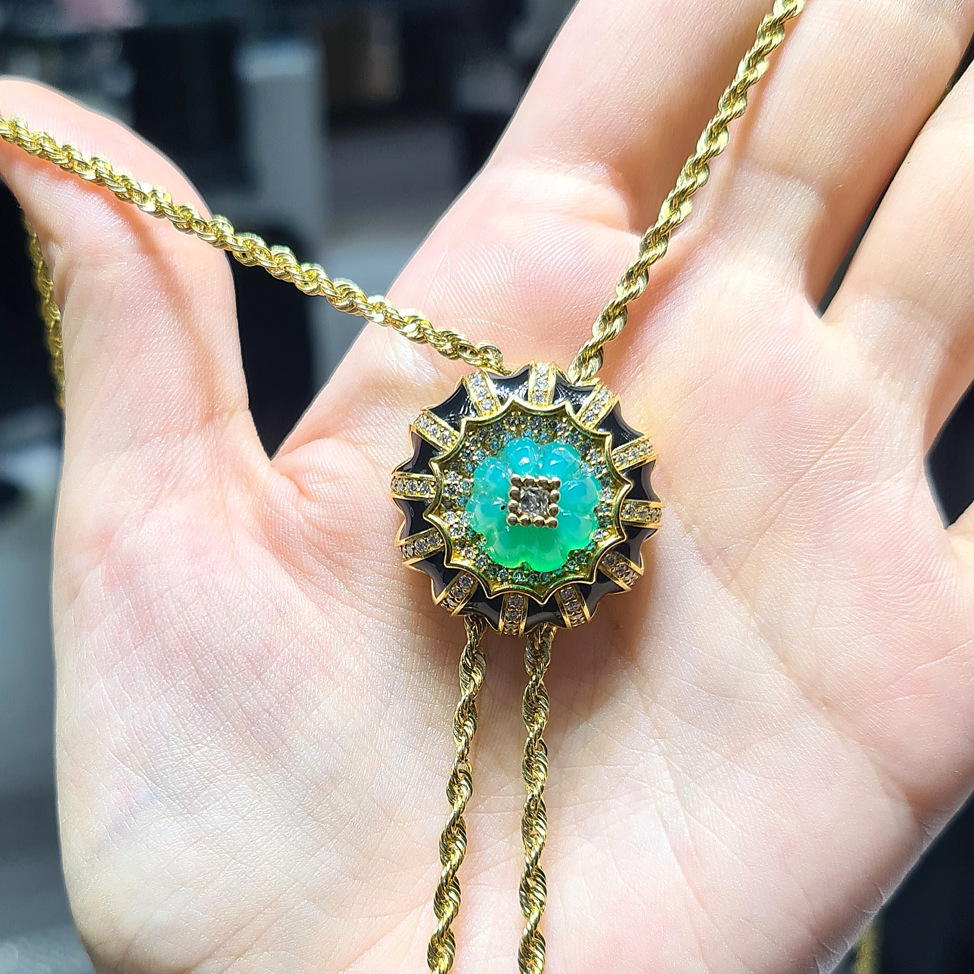 2.El Pırlanta 14,06 Karat Tasarım Yeşil Akikli Kolye RZ00018