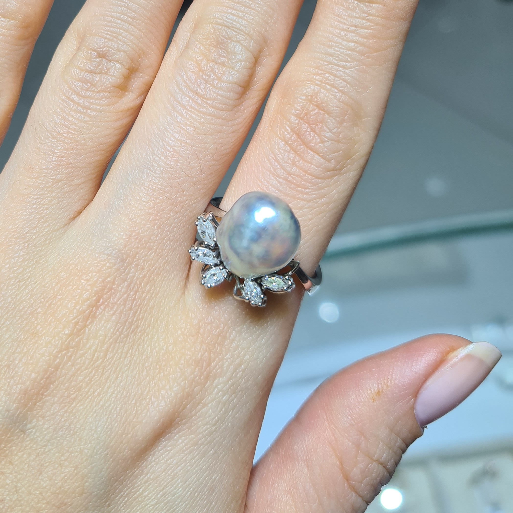 2.El Pırlanta 0,35 Karat Doğal İnci & Markiz Kesim Pırlanta Yüzük ALM1110